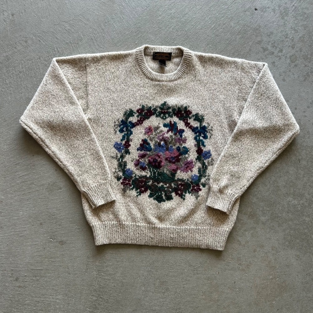 Vintage 90s Eddie Bauer Floral Sweater Womens Large Tan Wool Blend Knit Crewneck